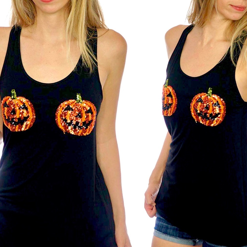 Sequin Pumpkin Sparkle Halloween Tank Top 李✨
